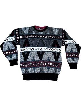 Vintage Geometric Knit Sweater With Leather Accents By Impact Mens L Black Gray